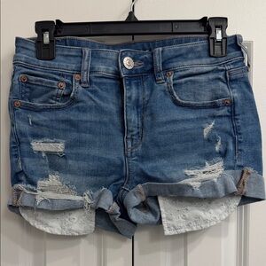 Women’s Blue Distressed Denim Shorts with Pockets Lace Trim